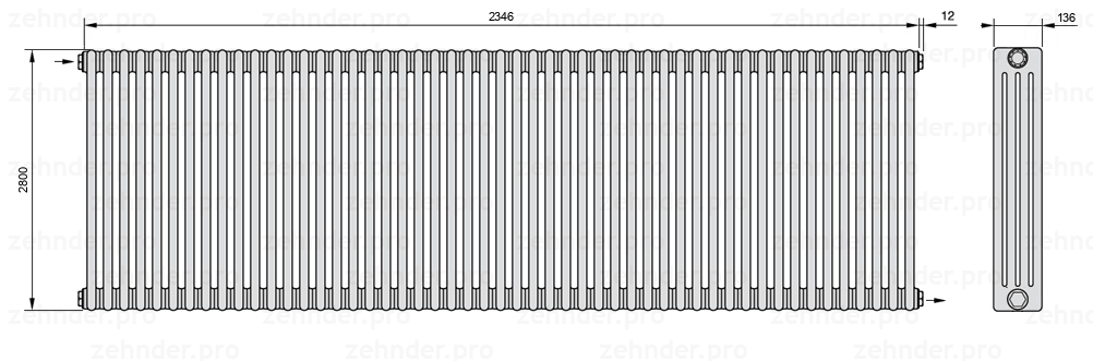 Схема (чертеж) Радиатор Zehnder Charleston 4280/51 №1670 Белый глянцевый RAL 9016